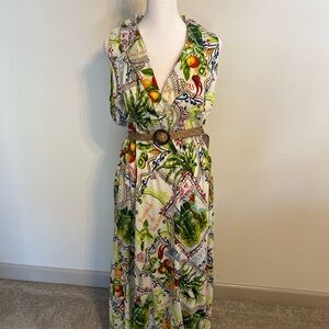 Tropical Print Sleeveless Maxi Dress - White/Green